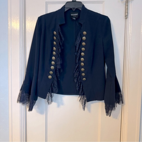 Insight Military Style Open Front Navy Blazer Shoulder Pads Gold Buttons Size 6 - Picture 2 of 12